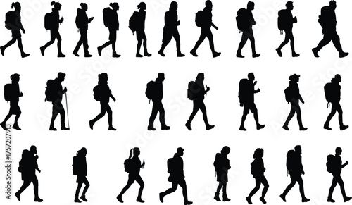 Diverse hiking and backpacking silhouette collection, featuring men and women with large rucksacks, walking and standing, perfect for adventure, travel, and outdoor graphics.