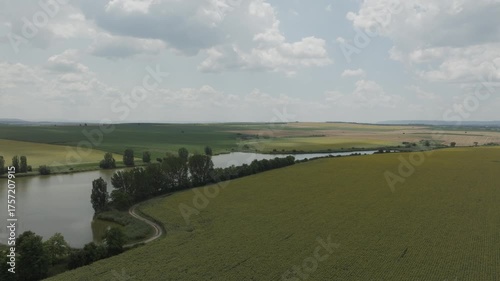 Aerial view of a landscape with a pond surrounded by agricultural fields.
