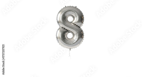 A silver number eight balloon floats prominently against a completely dark and featureless background.