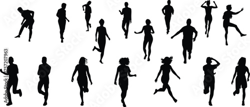 Diverse running people silhouettes, featuring men and women in various dynamic action poses, moving toward the viewer, perfect for fitness and activity graphic assets.