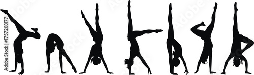 Dynamic gymnastics silhouette set, featuring women performing handstands, cartwheels, and stretching poses, for fitness, yoga, and acrobatic graphic vector assets.