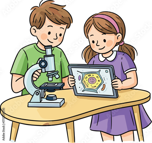 Children, science, microscope, tablet, biology, learning, education, technology, classroom, experiment, cell diagram, teamwork, STEM, discovery, kids, digital, organelles,