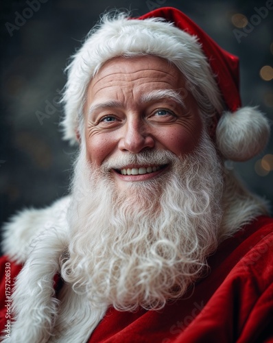 A handsome, rosy-cheeked, classic-looking portrait of Santa Claus. This image depicts a jolly old man with a white beard and sparkling eyes, wearing a traditional red suit trimmed with white fur.