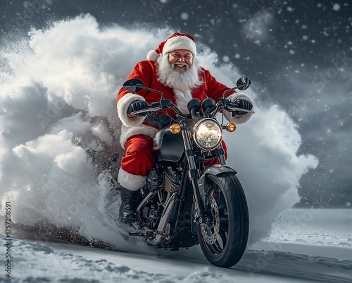 A jovial Santa Claus speeds towards the camera on a motorcycle sleigh, with a massive cloud of snow behind him. 