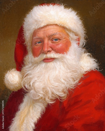 A handsome, rosy-cheeked, classic-looking Santa Claus portrait. This image depicts a jolly old man with a full white beard and twinkling eyes, dressed in a traditional red suit trimmed with white fur.
