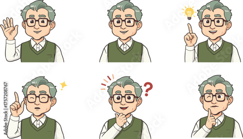 Senior man avatar showing diverse emotions, including idea lightbulb, thoughtful thinking, waving hand, questioning, and realization wink, for business or education illustration.