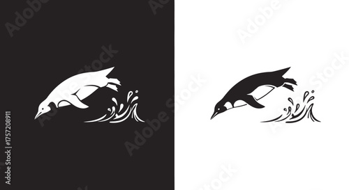 Minimalist black and white penguin logo jumping into water.