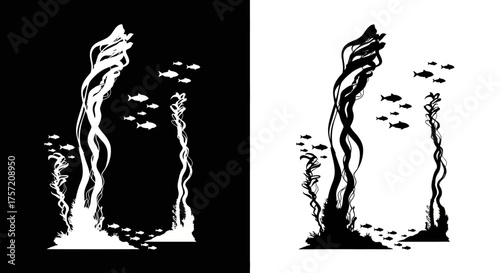 Underwater Frame Vector Illustration with Seaweed and Fish Silhouette