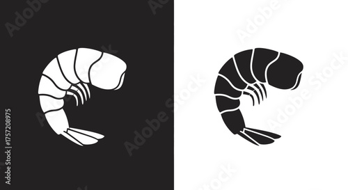 Simple shrimp silhouette icon in black and white.