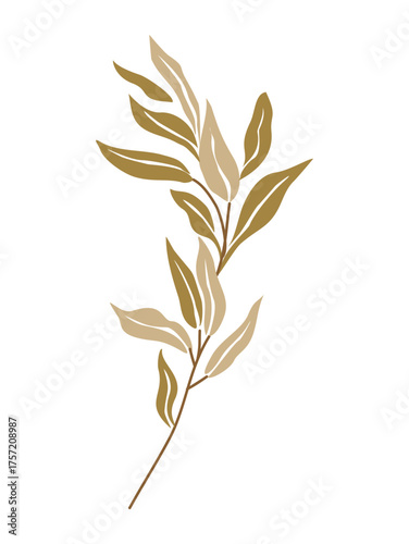Minimalist vector of an olive branch in warm beige and gold, clean modern lines, diagonal composition, abstract botanical design on transparent background, elegant natural artwork