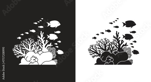 Black and White Coral Reef Vector Illustration with a School of Fish Silhouette