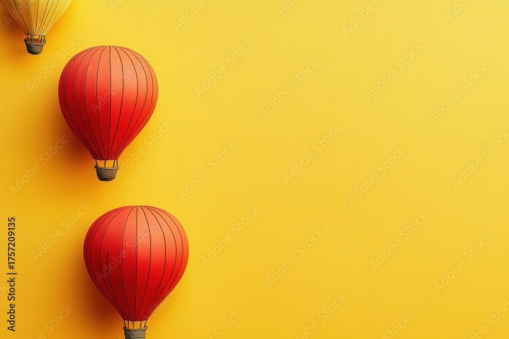 Obraz premium Colorful hot air balloons floating against a bright yellow background in a cheerful display