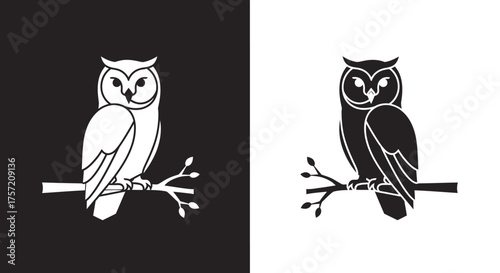 Black and white owl illustration perched on a branch.