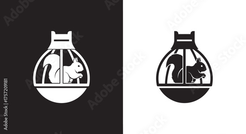 Logo Template Vector with a Minimalist Squirrel in a Cage Icon in Black and White