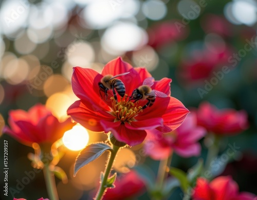 Golden hour glow illuminates honeybees gathering rich nectar from vibrant red blossoms, detail, honey