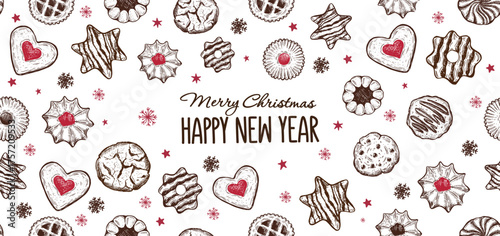 Christmas Cookie pattern on white, hand drawn illustration.	
