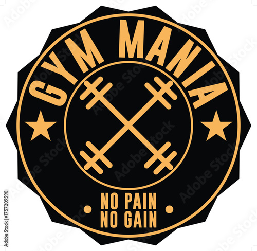Gym mania logo with crossed barbells vector illustration for fitness and workout isolated on white background