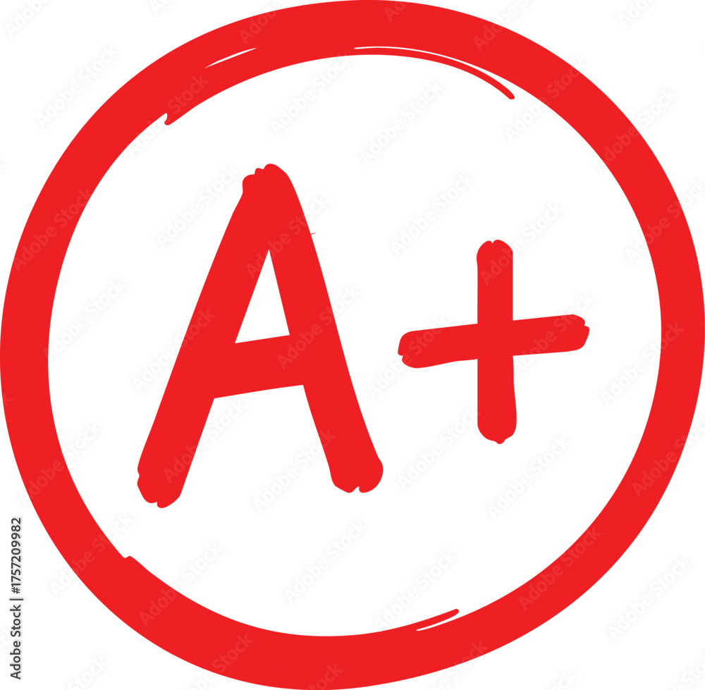 Obraz premium A plus grade in red circle hand drawn illustration for education and school performance isolated on white background
