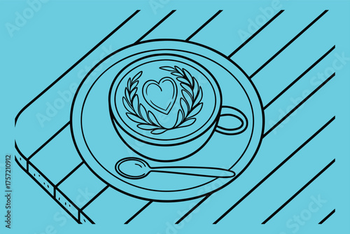 Top view of a latte art heart design in a coffee cup on a saucer with a spoon