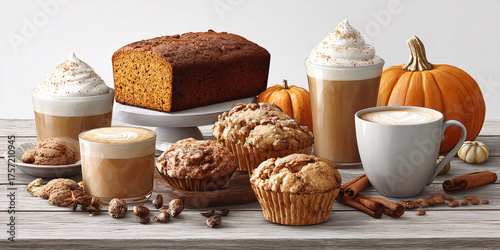 Delicious pumpkin spice latte, muffins, and bread on a rustic wooden table, perfect for autumn and fall season Concept of seasonal treats, bakery, and cozy coffee break