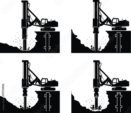 Construction drilling machine, vertical shaft creation, rock excavation process, heavy equipment, mining operation, industrial site, debris removal, engineering, machinery, silhouette