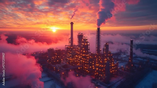 Industrial Plant at Sunset - A Dramatic Environmental Scene.