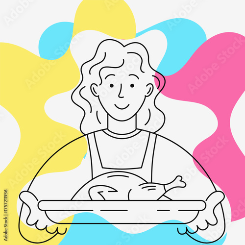 Woman holding a baking sheet with roasted turkey. Thanksgiving line art illustration