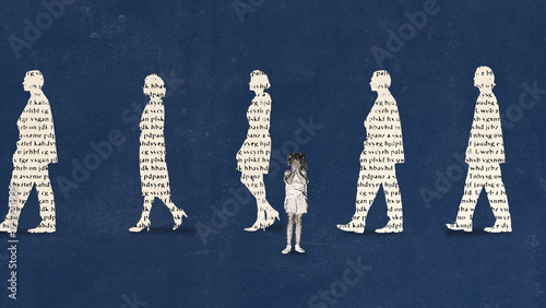 Minimalist collage. Crying child surrounded by walking silhouettes symbolizing indifference. Concept of social anxiety, neglect, emotional isolation used for psychology, education and social campaigns