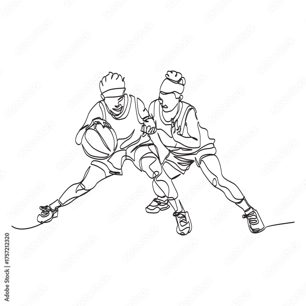 Fototapeta premium Continuous vector line art depicting a female couple playing basketball, the players stretching in a defensive action. Single line drawing graphic.