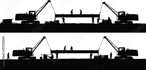 Construction site teamwork, heavy machinery lifting beam, excavator operation, workers guiding structure, industrial coordination, silhouette vector, engineering, teamwork, safety, precision