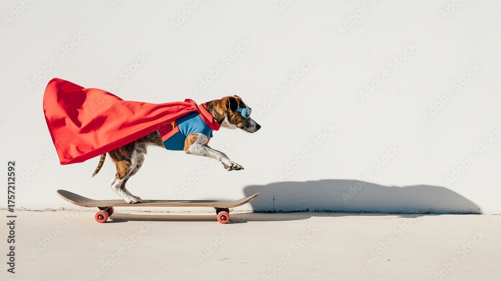 Naklejka premium Superhero Dog Riding Skateboard