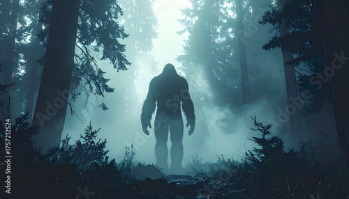 A large, hulking figure stands shrouded in mist within a dark forest