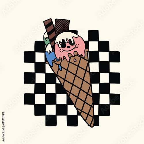 cute ice cream retro cartoon illustration