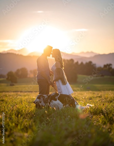 Couple kisses under golden sunset, dog stands in field, mountains in distance