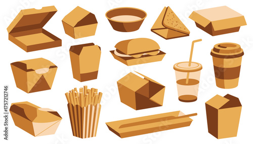 Collection of 15 brown and tan colored fast food packaging vector illustration scalable eps icon for general use silhouette vector illustration white background