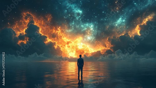 Man Gazing at Fiery Cosmic Sky Reflection.