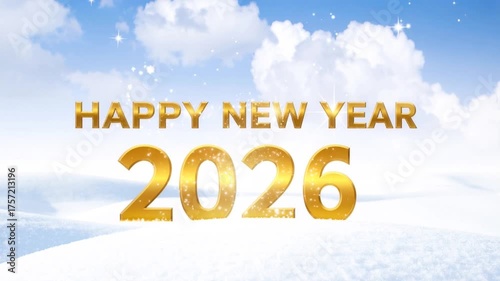 Happy New Year 2026 Golden Text on Snowy Winter Background