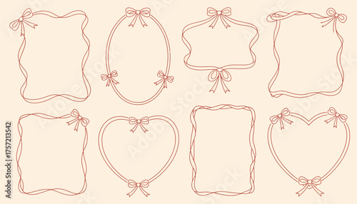 Set of eight delicate hand-drawn red ribbon frames vector illustration scalable graphic design elements silhouette vector illustration white background