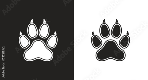 Monochrome canine paw print vector illustration icon set.