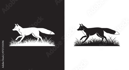 Minimalist Running Fox Vector Illustration with Grass Silhouette for Modern Logo Design