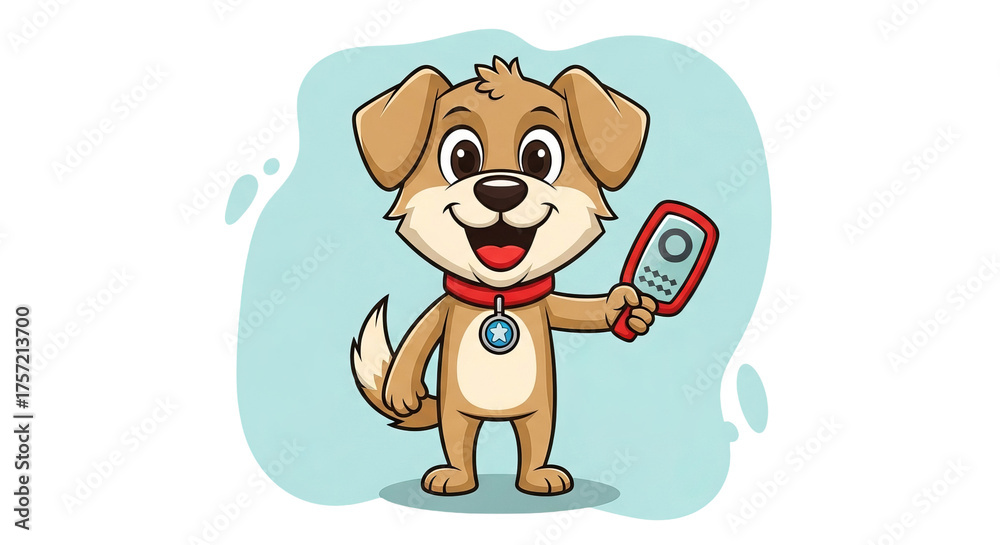 Fototapeta premium Cartoon dog holds a red toy mirror with a circle and zigzag design against a pale blue .