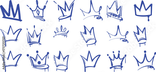 Collection of Graffiti-Style Blue Crowns on White Background