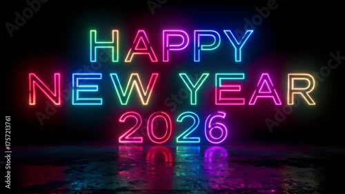 Happy New Year 2026 Neon Sign Glowing in Rainbow Colors on Dark Background