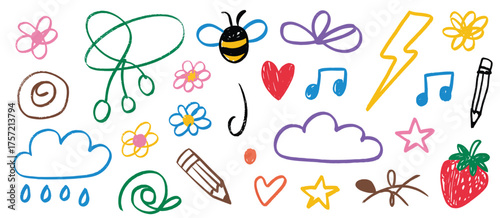 Childlike doodle drawings collection vector illustration scalable eps icon set elements silhouette vector illustration white background