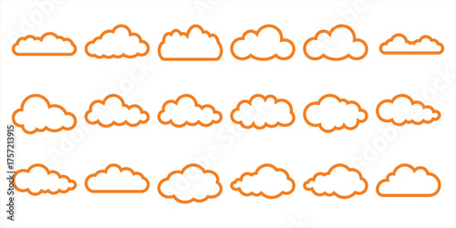 Collection of Orange Outline Cloud Icons on White Background