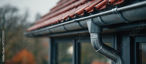 Close-up of a home's roof and rain gutter system, showcasing a red tile roof