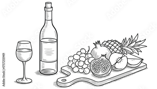 Elegant black and white vector line drawing of wine bottle and assorted fruits art silhouette vector illustration white background