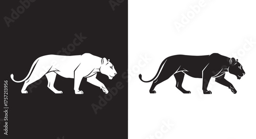Stylized Walking Lioness Vector Logo Template in a Modern Black and White Silhouette for Powerful Branding