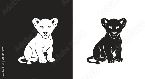 Minimalist Lion Cub Silhouette Vector Logo Template Black and White Graphic