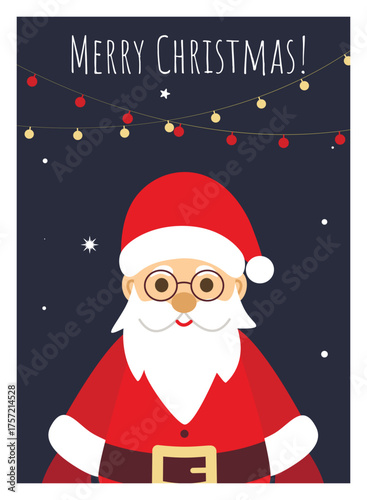 Merry Christmas greeting card. Dark blue night background with Santa, garlands, stars, and greeting text. Vector graphics